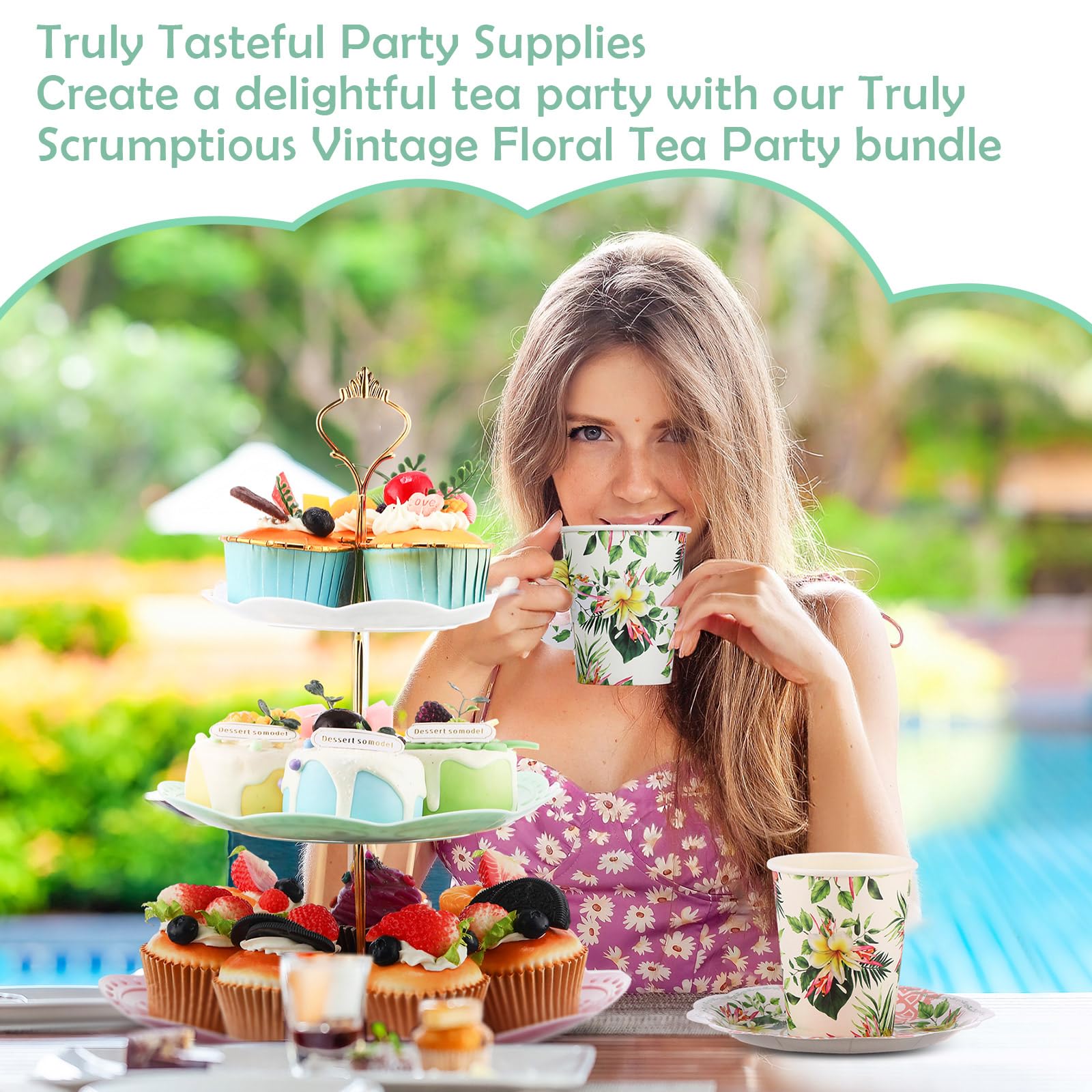 Layhit 83 Pcs Tea Party Decorations Include Disposable 12 Sets 9 Oz Paper Tea Cups with Handle and Saucers Floral Napkins 3 Tire Cake Stand Tea Serving Platter Tableware for Girl's Birthday