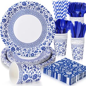 hushee 225 pcs blue and white flower disposable tableware set for 25 guests 9 inch 7 inch elegant floral paper plates cups straws napkins knives forks spoons for bridal shower wedding birthday party