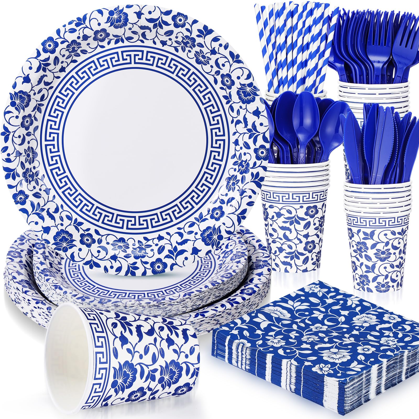 Hushee 225 Pcs Blue and White Flower Disposable Tableware Set for 25 Guests 9 Inch 7 Inch Elegant Floral Paper Plates Cups Straws Napkins Knives Forks Spoons for Bridal Shower Wedding Birthday Party