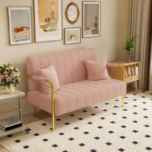 Mbolyeer Modern Bouclé Loveseat Sofa: 60" Mid Century 2 Seater Teddy Velvet Couch- Comfy Upholstered Sofa Couch with 2 Pillows - Gold Metal Legs - Small Spaces Apartment Office Bedroom (Pink)