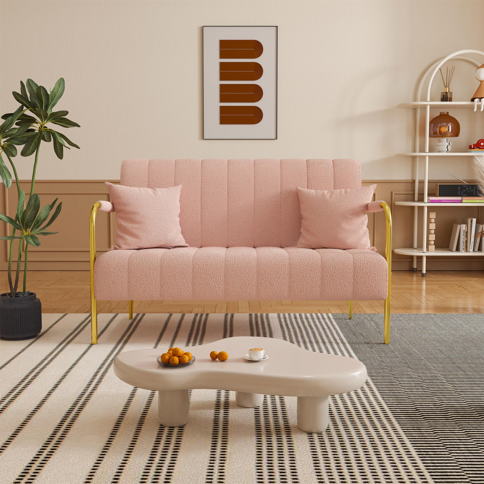 Mbolyeer Modern Bouclé Loveseat Sofa: 60" Mid Century 2 Seater Teddy Velvet Couch- Comfy Upholstered Sofa Couch with 2 Pillows - Gold Metal Legs - Small Spaces Apartment Office Bedroom (Pink)