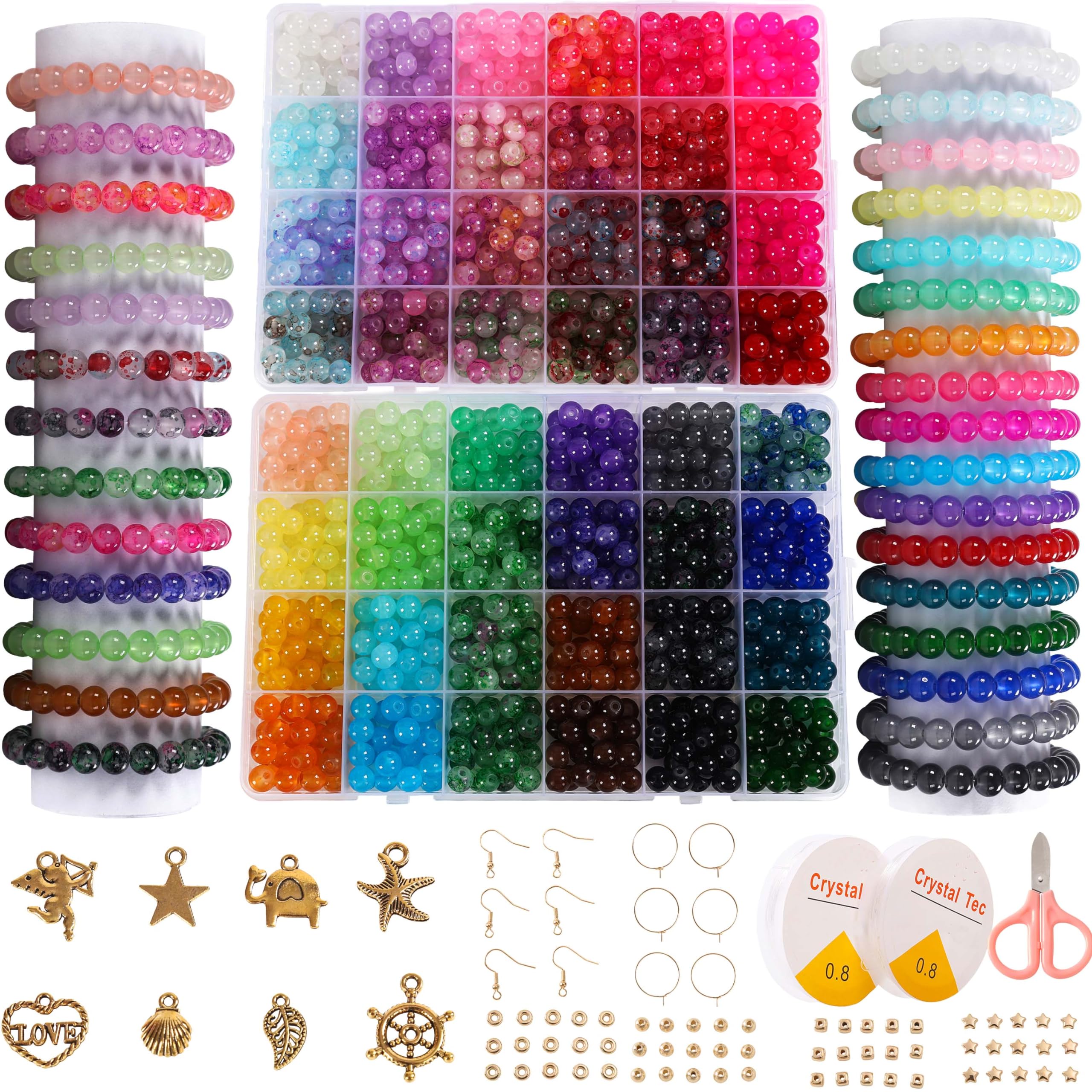 Glass Beads for Jewelry Making, 1280pcs + 8mm 48 Colors Round Crystal Glass Beads Bracelet Making Kit, Bead Starter Kit for Christmas Holiday Gifts