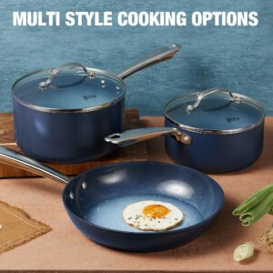 HLAFRG 1+2+3QT Nonstick Saucepan Set with Lids, Small Pot Set, Ceramic Coating, Less Oil and Easy to Clean, Stainless Steel Handle, Oven Safe, Fast and Even Heating, Gradient Blue Pan