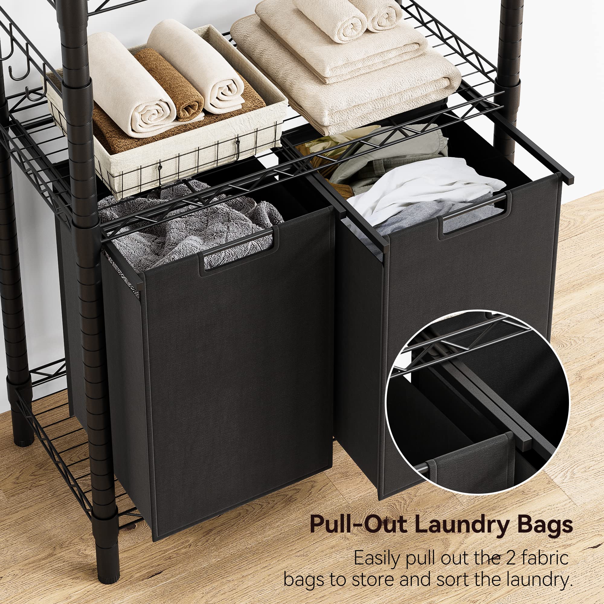 GAOMON Laundry Hamper, Laundry Sorter with 2 Pull-Out & Removable Bag,Laundry Basket Organizer with 2 Tier Adjustable Storage Shelf for Laundry Room,Bathroom,Dorm Organization