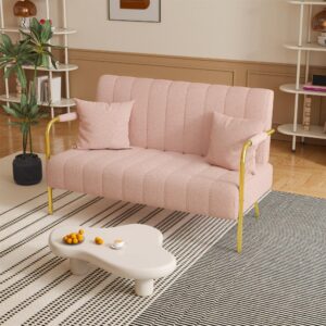 mbolyeer modern bouclé loveseat sofa: 60" mid century 2 seater teddy velvet couch- comfy upholstered sofa couch with 2 pillows - gold metal legs - small spaces apartment office bedroom (pink)