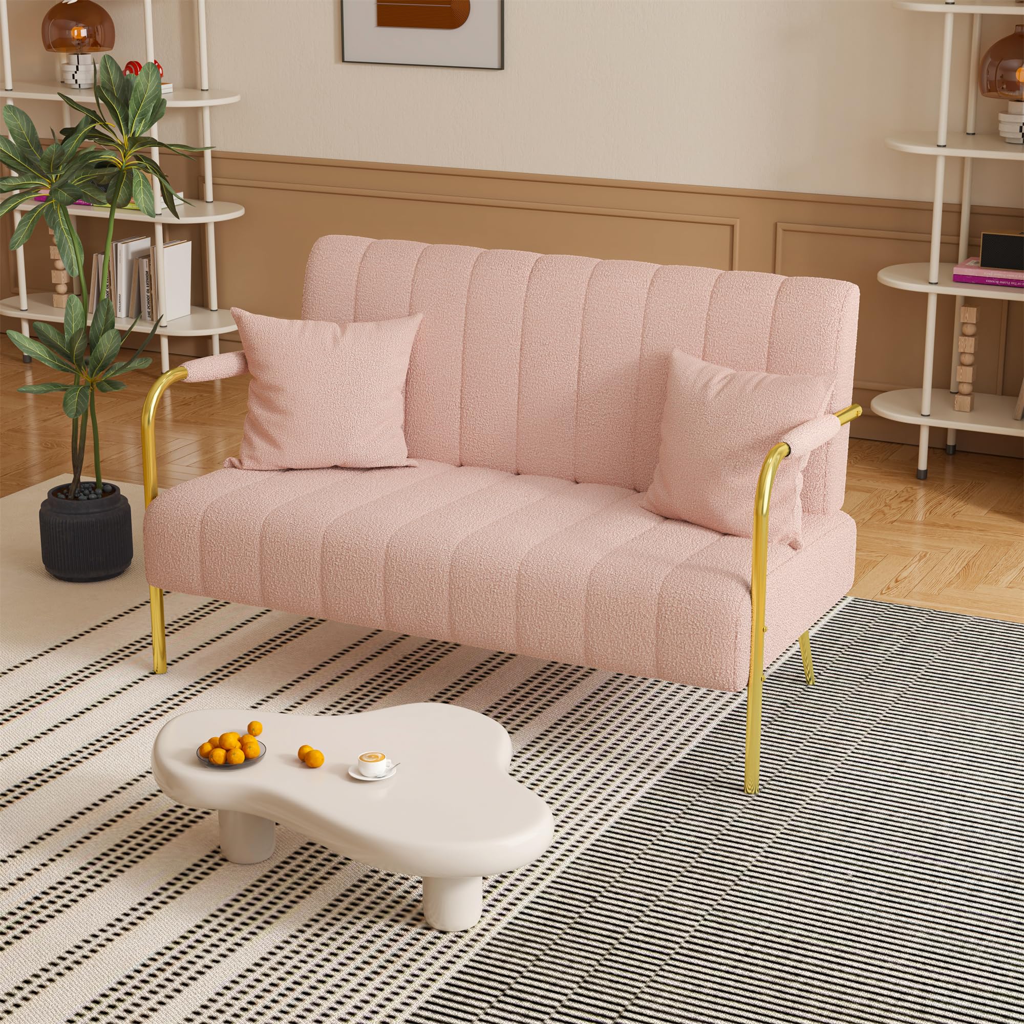 Mbolyeer Modern Bouclé Loveseat Sofa: 60" Mid Century 2 Seater Teddy Velvet Couch- Comfy Upholstered Sofa Couch with 2 Pillows - Gold Metal Legs - Small Spaces Apartment Office Bedroom (Pink)