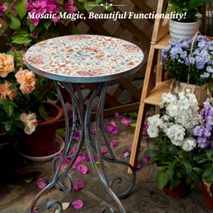 Frstem Mosaic Patio Table and Plant Stand, Outdoor Side Table for Patio with 14" Ceramic Tile Top, Weather Resistant Metal Round End Table Accent Table for Yard Porch Balcony Garden Bedside, Blossom