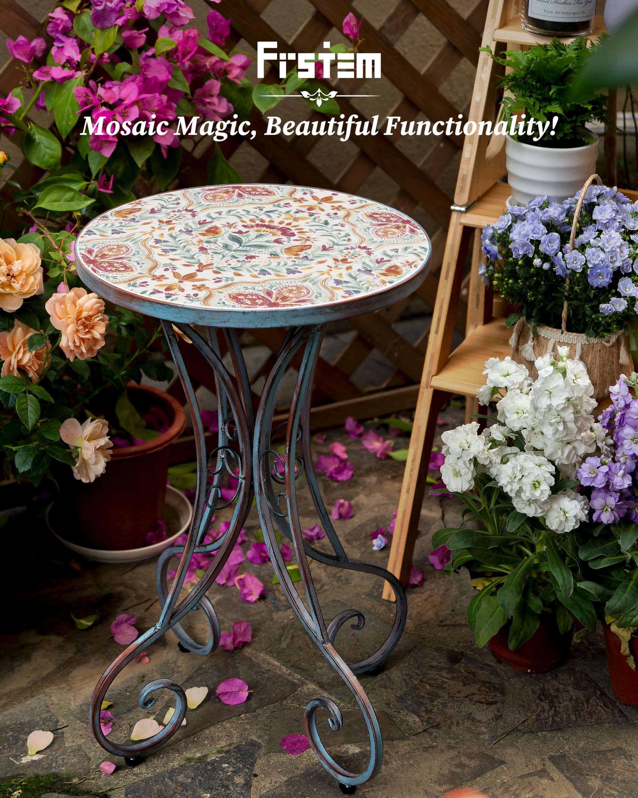 Frstem Mosaic Patio Table and Plant Stand, Outdoor Side Table for Patio with 14" Ceramic Tile Top, Weather Resistant Metal Round End Table Accent Table for Yard Porch Balcony Garden Bedside, Blossom