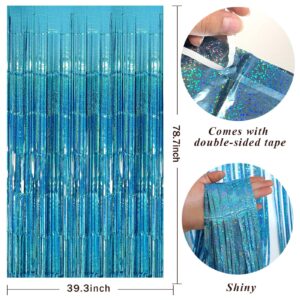 2 Pack Blue Party Backdrop Curtains Metallic Blue Tinsel Foil Fringe Curtains Ocean Themed Decor Party Photo Backdrop Party Streamers for Birthday Graduation New Year Eve Wedding Decor