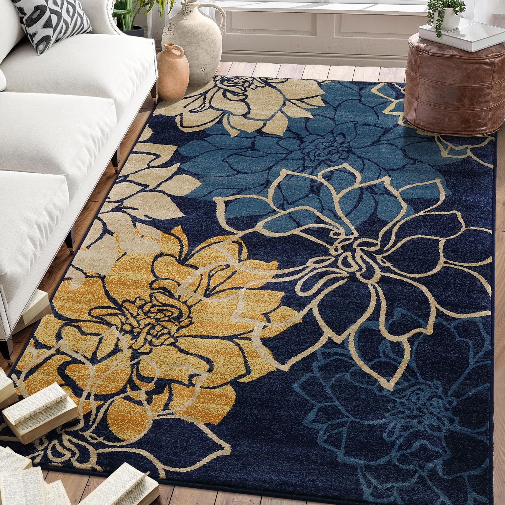 GlowSol Area Rug 9x12 Large Modern Rug Floral Rugs for Living Room Bedroom Thick Durable Stain-Resistant Rug Low Pile Dining Office Mat Non-Shedding Carpet for Bedroom Nursery Basement Decor