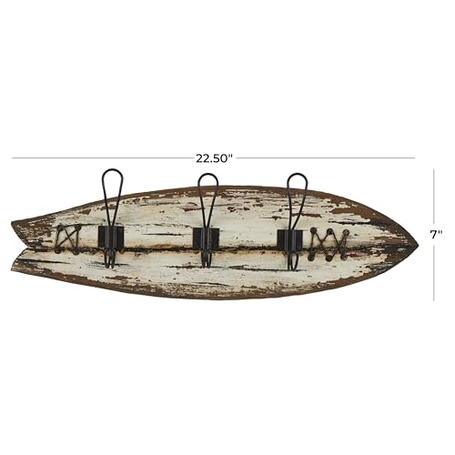 Deco 79 Wood Surfboard Handmade Distressed Fish Shaped 3 Hanger Wall Hook with Metal Accents, 23" x 2" x 7", Brown