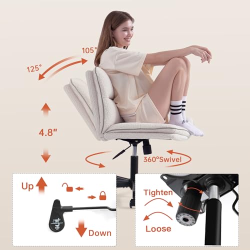 EMIAH Armless Office Desk Chair with Wheels Faux Fur Vanity Mid-Back Ergonomic Home Computer Comfortable Adjustable Swivel Furry Task Chair with Thickened Cushion