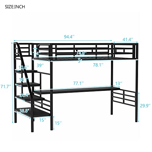 BOVZA Metal Twin Loft Bed with Desk and Storage Stairs, Twin Size Loft Bed Frame with Safety Rails for Kids Teens Boys Girls, Black