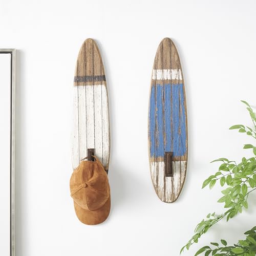 Deco 79 Wood Surfboard Wall Hook, Set of 2 6" W, 27" H, White