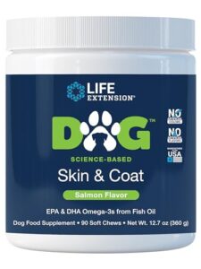 life extension dog skin & coat - dog food supplement for healthy skin and coat – omega-3 fish oil for dogs, salmon flavor, no artificial colors or flavors - 90 soft chews