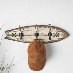 Deco 79 Wood Surfboard Handmade Distressed Fish Shaped 3 Hanger Wall Hook with Metal Accents, 23" x 2" x 7", Brown