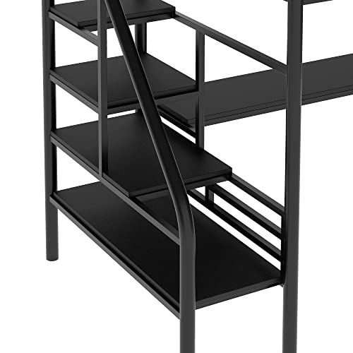 BOVZA Metal Twin Loft Bed with Desk and Storage Stairs, Twin Size Loft Bed Frame with Safety Rails for Kids Teens Boys Girls, Black