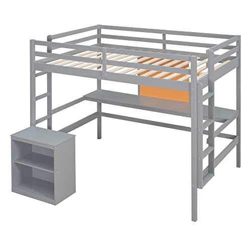 BOVZA Full Size Loft Bed with Desk and Writing Board, Cabinet, Wood Loft Bed Frame with 2 Built-in Ladder and Guardrails for Kids Teens Girls Boys, Gray