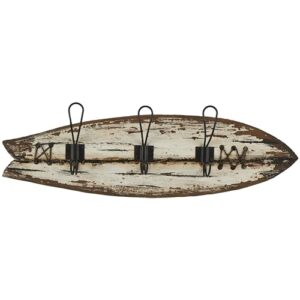 deco 79 wood surfboard handmade distressed fish shaped 3 hanger wall hook with metal accents, 23" x 2" x 7", brown