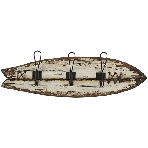 Deco 79 Wood Surfboard Handmade Distressed Fish Shaped 3 Hanger Wall Hook with Metal Accents, 23" x 2" x 7", Brown