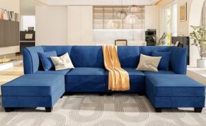 shintenchi reversible modular sectional sofa couch,116" velvet u-shaped sectional couch sofa with ottomans, 6 pieces modular large sectional sofa set for living room,deep blue