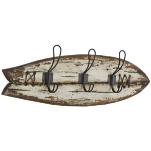 Deco 79 Wood Surfboard Handmade Distressed Fish Shaped 3 Hanger Wall Hook with Metal Accents, 23" x 2" x 7", Brown