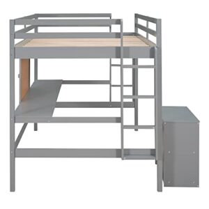 BOVZA Full Size Loft Bed with Desk and Writing Board, Cabinet, Wood Loft Bed Frame with 2 Built-in Ladder and Guardrails for Kids Teens Girls Boys, Gray