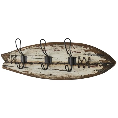 Deco 79 Wood Surfboard Handmade Distressed Fish Shaped 3 Hanger Wall Hook with Metal Accents, 23" x 2" x 7", Brown