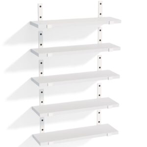 fixwal floating shelves set of 5, width 4.7 inches wall shelves, rustic wood wall storage shelves for bedroom, living room, kitchen, bathroom, home decor, office and plants (white and white bracket)