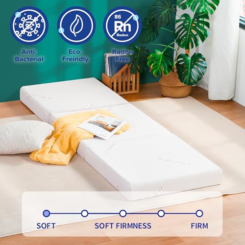 Olee Sleep Tri-Folding Antibacterial Memory Foam Mattress Topper, 4 Inch Copper Bamboo Gel Folding Mattress, Washable Cover, CertiPUR-US Certified, Soft, White, Single Size