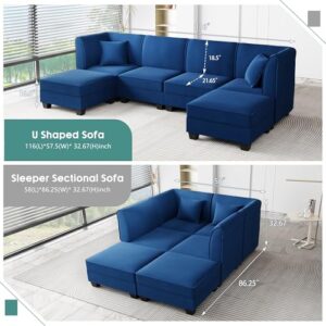 Shintenchi Reversible Modular Sectional Sofa Couch,116" Velvet U-Shaped Sectional Couch Sofa with Ottomans, 6 Pieces Modular Large Sectional Sofa Set for Living Room,Deep Blue