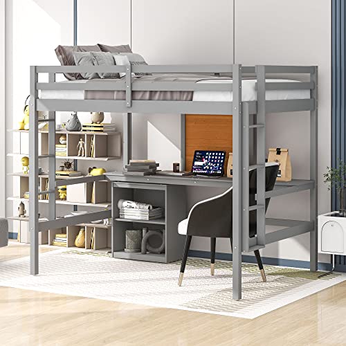 BOVZA Full Size Loft Bed with Desk and Writing Board, Cabinet, Wood Loft Bed Frame with 2 Built-in Ladder and Guardrails for Kids Teens Girls Boys, Gray