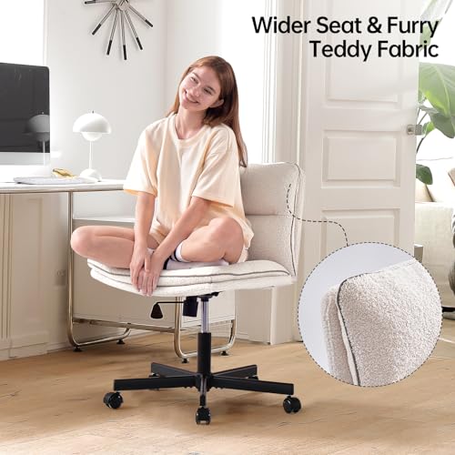 EMIAH Armless Office Desk Chair with Wheels Faux Fur Vanity Mid-Back Ergonomic Home Computer Comfortable Adjustable Swivel Furry Task Chair with Thickened Cushion