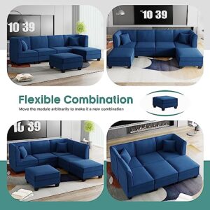 Shintenchi Reversible Modular Sectional Sofa Couch,116" Velvet U-Shaped Sectional Couch Sofa with Ottomans, 6 Pieces Modular Large Sectional Sofa Set for Living Room,Deep Blue