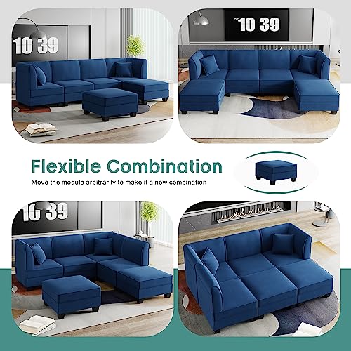 Shintenchi Reversible Modular Sectional Sofa Couch,116" Velvet U-Shaped Sectional Couch Sofa with Ottomans, 6 Pieces Modular Large Sectional Sofa Set for Living Room,Deep Blue