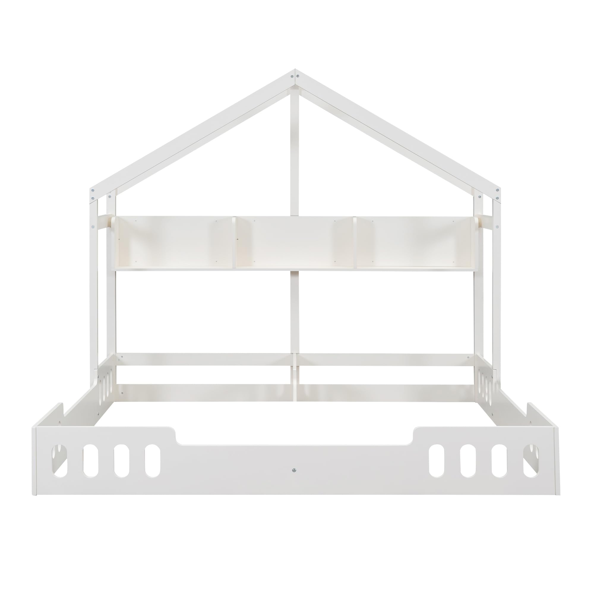 Harper & Bright Designs Twin House Bed for 2 Kids,Wood Double Twin Platform Beds with Rails, Montessori Floor Bed,Two Shared Beds with Shelves and Guardrail,Creamy White