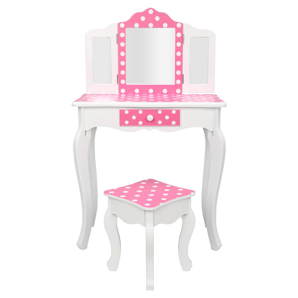 Vasitelan Kids Vanity Table and Chair Set, Girls Vanity Set with Mirror and Stool, Makeup Dressing Princess Table with Drawer, Kids Vanity Set with Mirror (E Style-Pink)