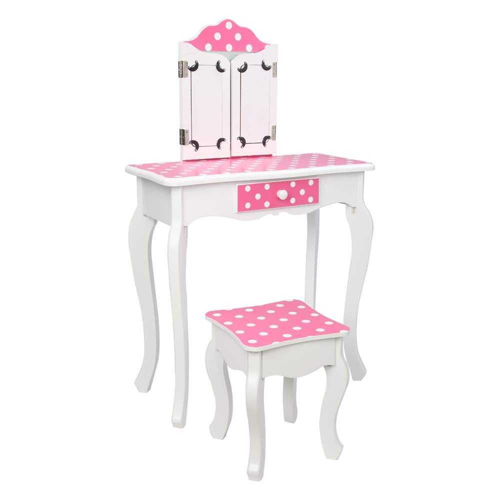 Vasitelan Kids Vanity Table and Chair Set, Girls Vanity Set with Mirror and Stool, Makeup Dressing Princess Table with Drawer, Kids Vanity Set with Mirror (E Style-Pink)