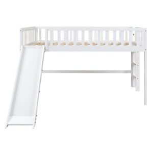 Harper & Bright Designs Full Size Low Loft Bed with Slide, High Guardrail & Ladder, Kids Wooden Full Loft Bed Frame for Girls,Boys, No Box Spring Needed, White