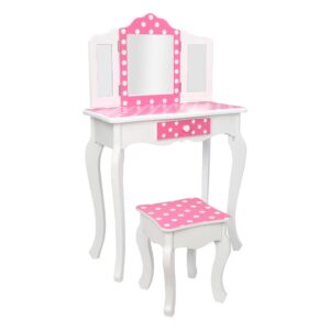 Vasitelan Kids Vanity Table and Chair Set, Girls Vanity Set with Mirror and Stool, Makeup Dressing Princess Table with Drawer, Kids Vanity Set with Mirror (E Style-Pink)