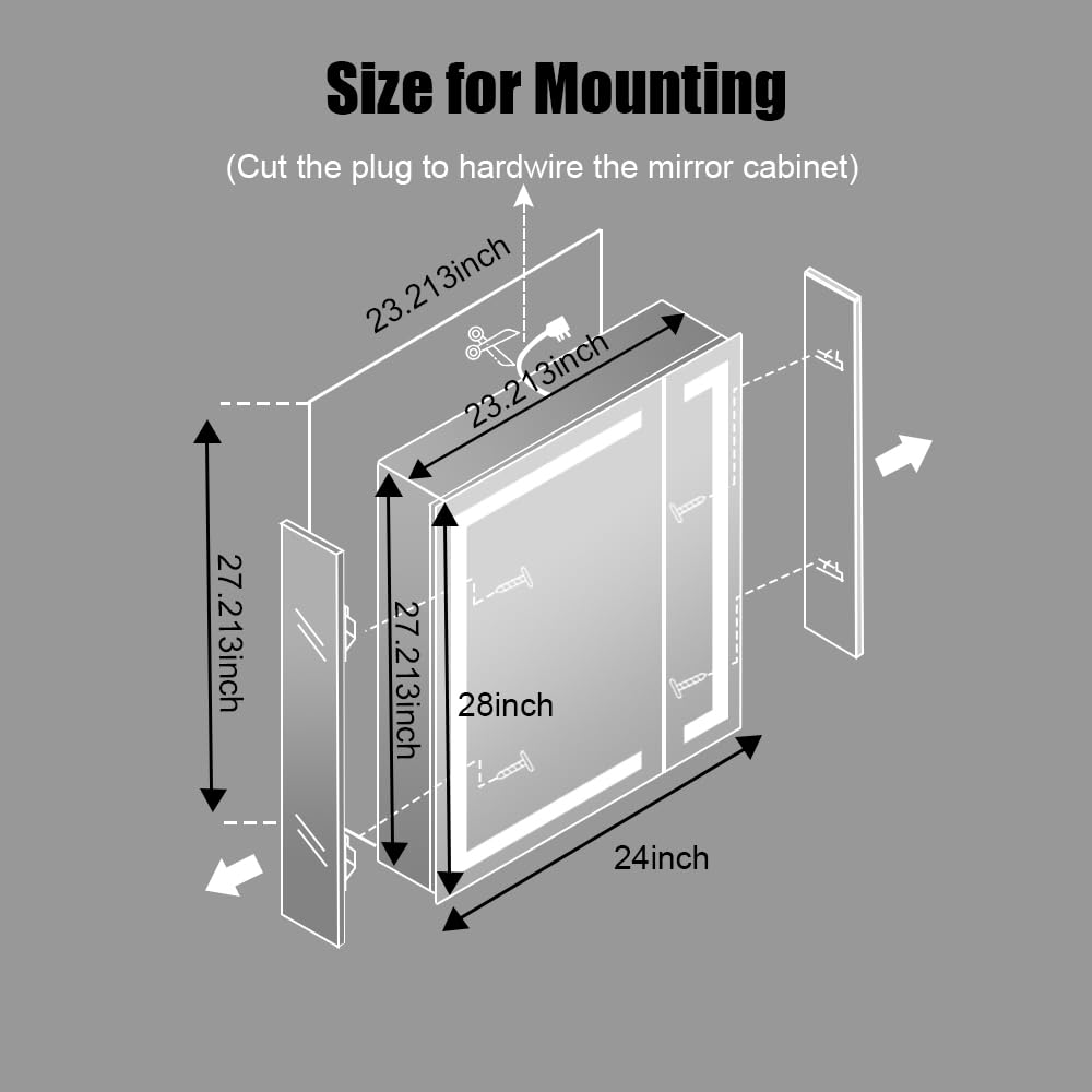 Janboe LED Medicine Cabinet,Bathroom Mirror Cabinet with Lights,24×28inch,Internal Light,USB Shaver Socket,3 Color,Dimmer,Demister,Detachable Side Mirror for Surface Mounted and Recess Mounted