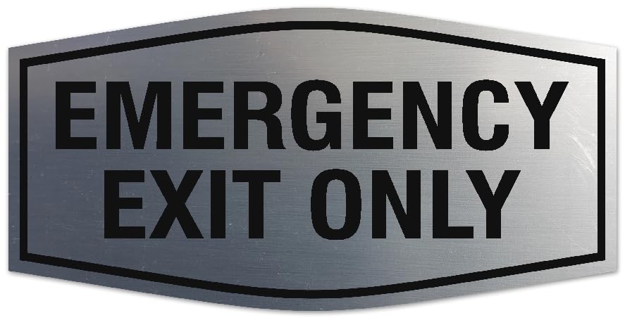 Signs ByLITA Fancy Emergency exit only Sign - Laser-Engraved Lettering | Durable ABS Plastic | Vibrant Colors | Powerful Foam Tape Sign (Brushed Silver) - Small