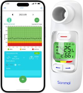 spirometer with risk indicator & 300 records storage function, portable peak flow meter with tracking app and bluetooth tests pef & fev1, asthma copd & other lung conditions monitor for kids adults