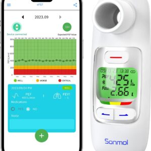 Spirometer with Risk Indicator & 300 Records Storage Function, Portable Peak Flow Meter with Tracking App and Bluetooth Tests PEF & FEV1, Asthma COPD & Other Lung Conditions Monitor for Kids Adults