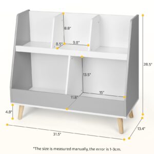 Cowiewie Nursery Bookshelf for Kids, Kids Bookshelf and Toy Storage Organizer, Wooden 5 Cubbies, Open Bookcase with Display, 2-Tier Freestanding Cabinet for Baby Room-White & Grey