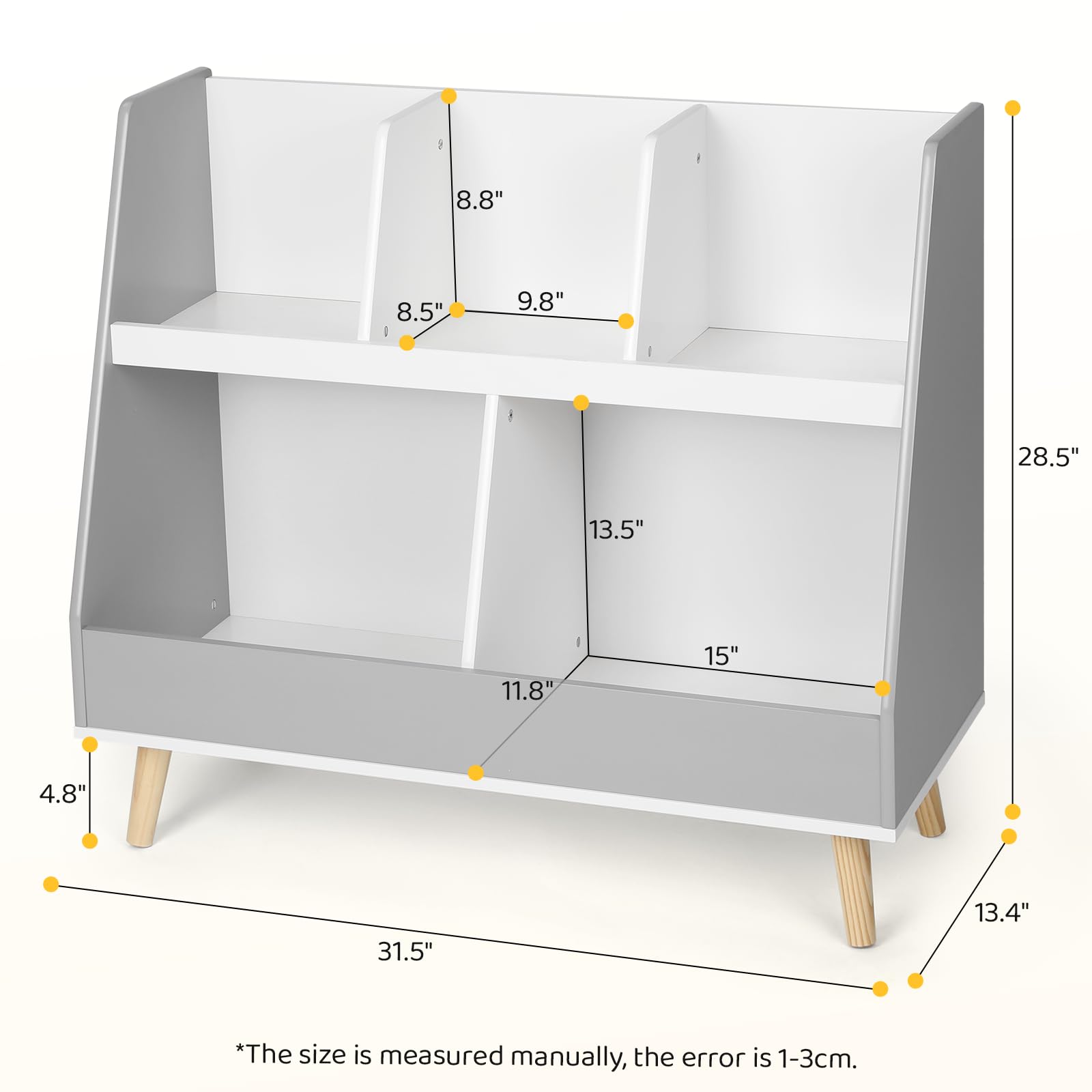 Cowiewie Nursery Bookshelf for Kids, Kids Bookshelf and Toy Storage Organizer, Wooden 5 Cubbies, Open Bookcase with Display, 2-Tier Freestanding Cabinet for Baby Room-White & Grey