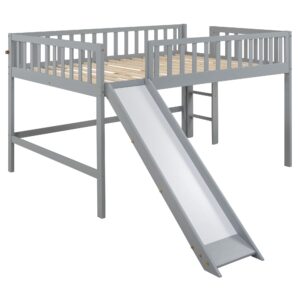 Harper & Bright Designs Full Size Low Loft Bed with Slide, High Guardrail & Ladder, Kids Wooden Full Loft Bed Frame for Girls,Boys, No Box Spring Needed, Gray