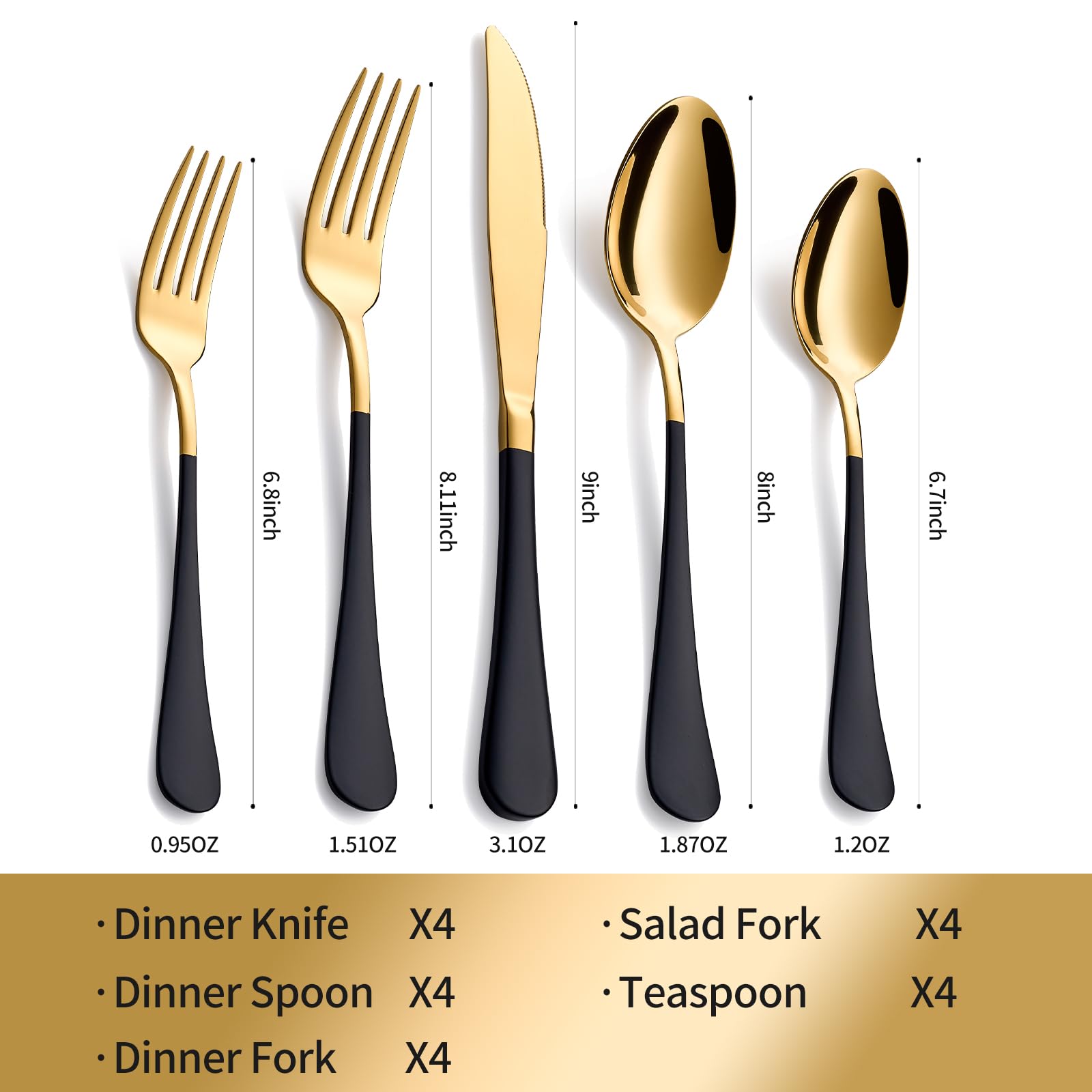 Moxinox 20-Piece Black & Gold Silverware Set, 18/0 Stainless Steel Colorful Handle Flatware Set, Service for 4, Modern Cutlery Set Includes Dinner Knives Forks Spoons, Mirror Polished, Dishwasher Safe