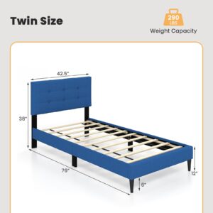 Giantex Twin Bed Frames for Kids, Modern Fabric Linen Upholstered Platform Bed Frame with Button Tufted Headboard and Wooden Slats, No Box Spring Needed, Kids Twin Bed for Boys Girls, Navy Blue