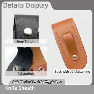 Pocket Knife Sheath, 5" PU Leather Knife Sheath Case Vertical Handmade Knife Sheath Holder with Belt Loop with Belt Loop fit 2.3" Belt for EDC Camping Hunting Outdoors, Brown